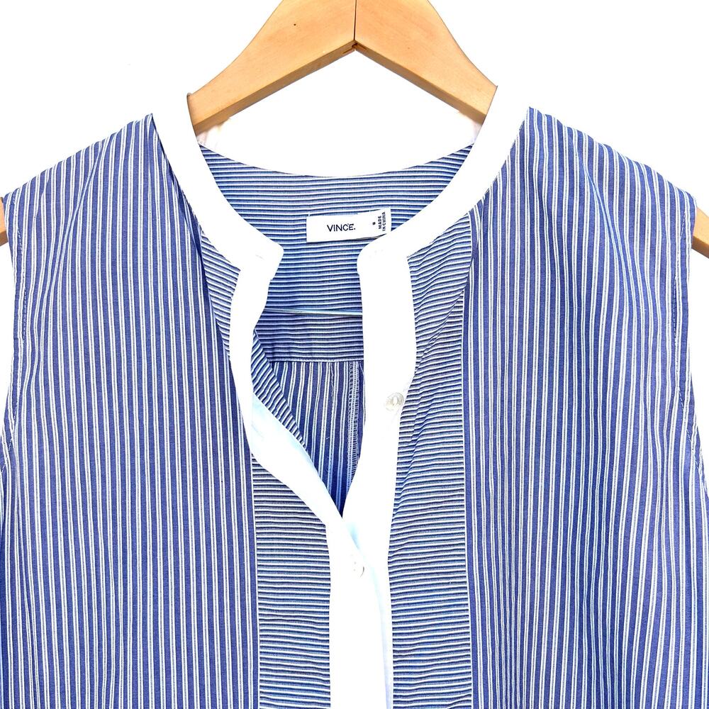 Vince Sleeveless Striped Blue White Tunic Blouse 8 Cotton Coastal Summer Shirt - Picture 5 of 6